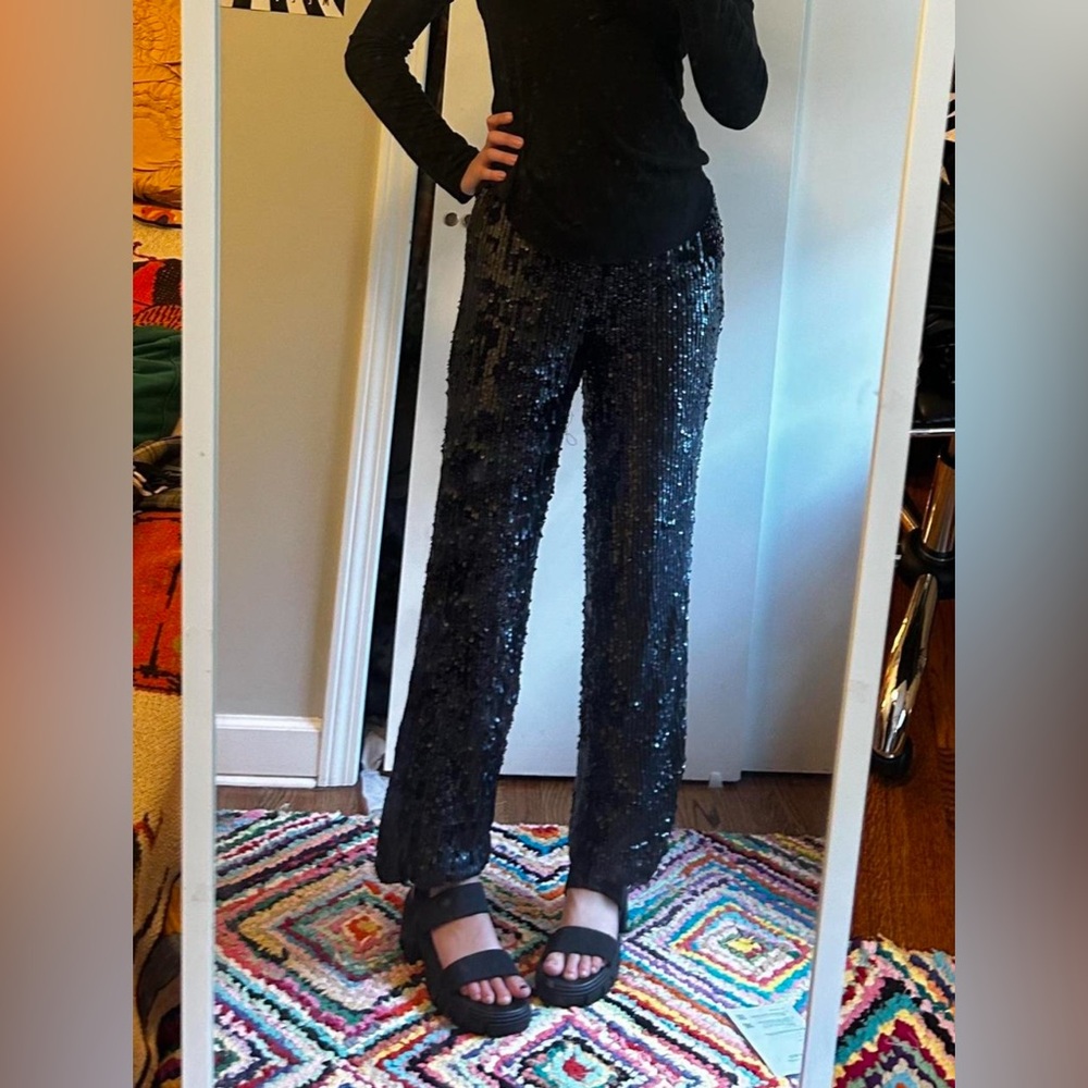 Free People Black Sequin Straight Leg Pants